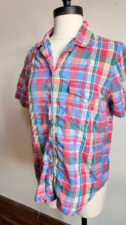 1990s red + blue plaid shirt, sz. small/medium