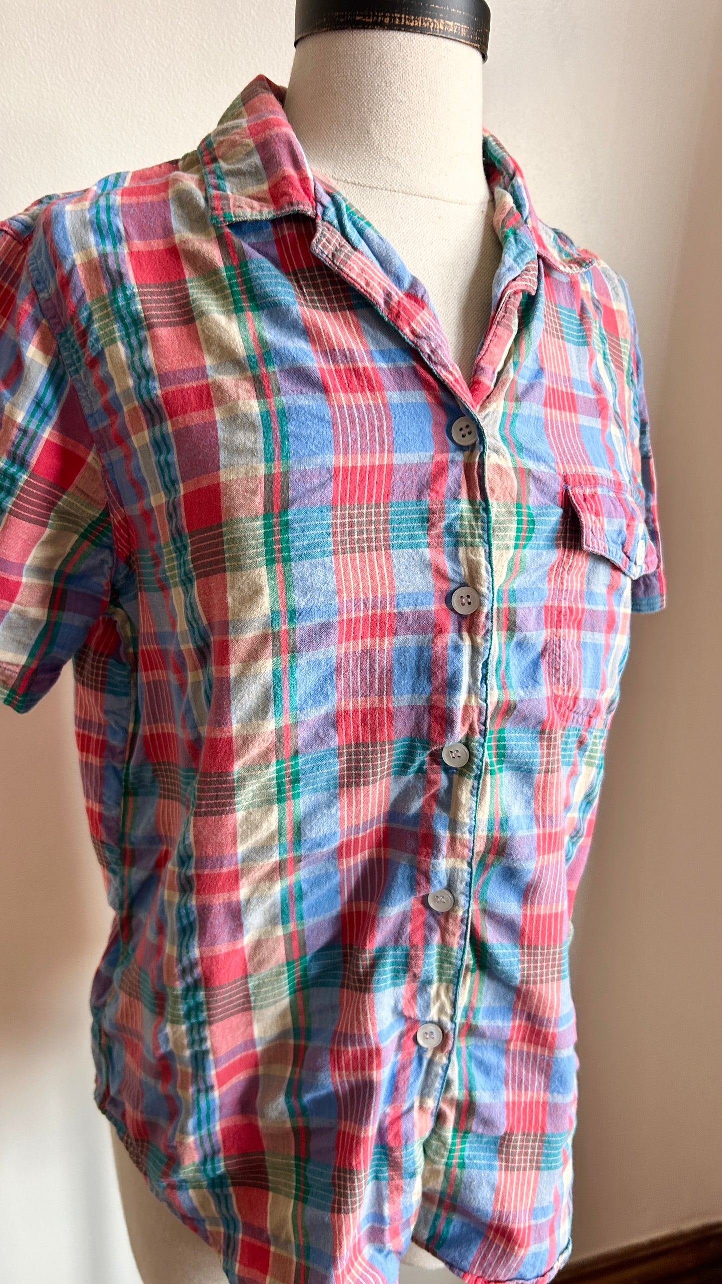 1990s red + blue plaid shirt, sz. small/medium