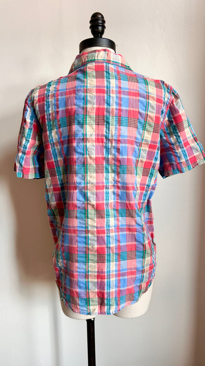 1990s red + blue plaid shirt, sz. small/medium
