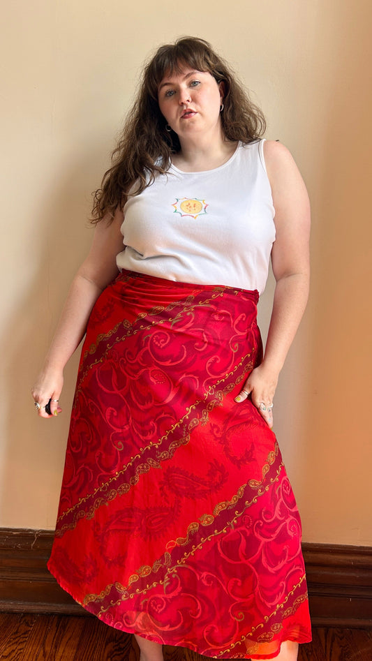 1990s red paisley maxi skirt, sz. XL