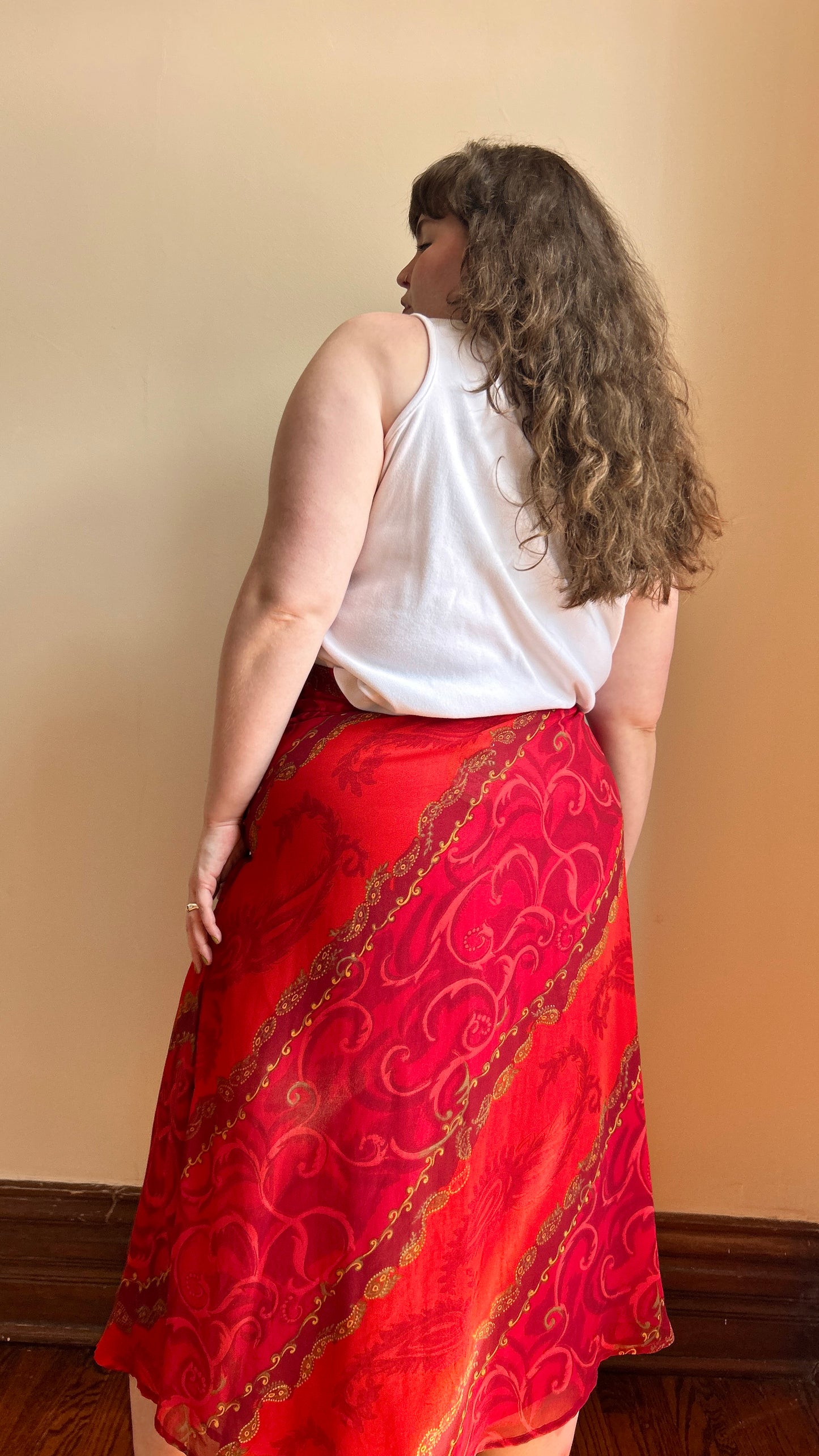 1990s red paisley maxi skirt, sz. XL