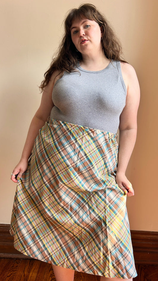 1970s tan + blue plaid midi skirt, sz. XL/1X