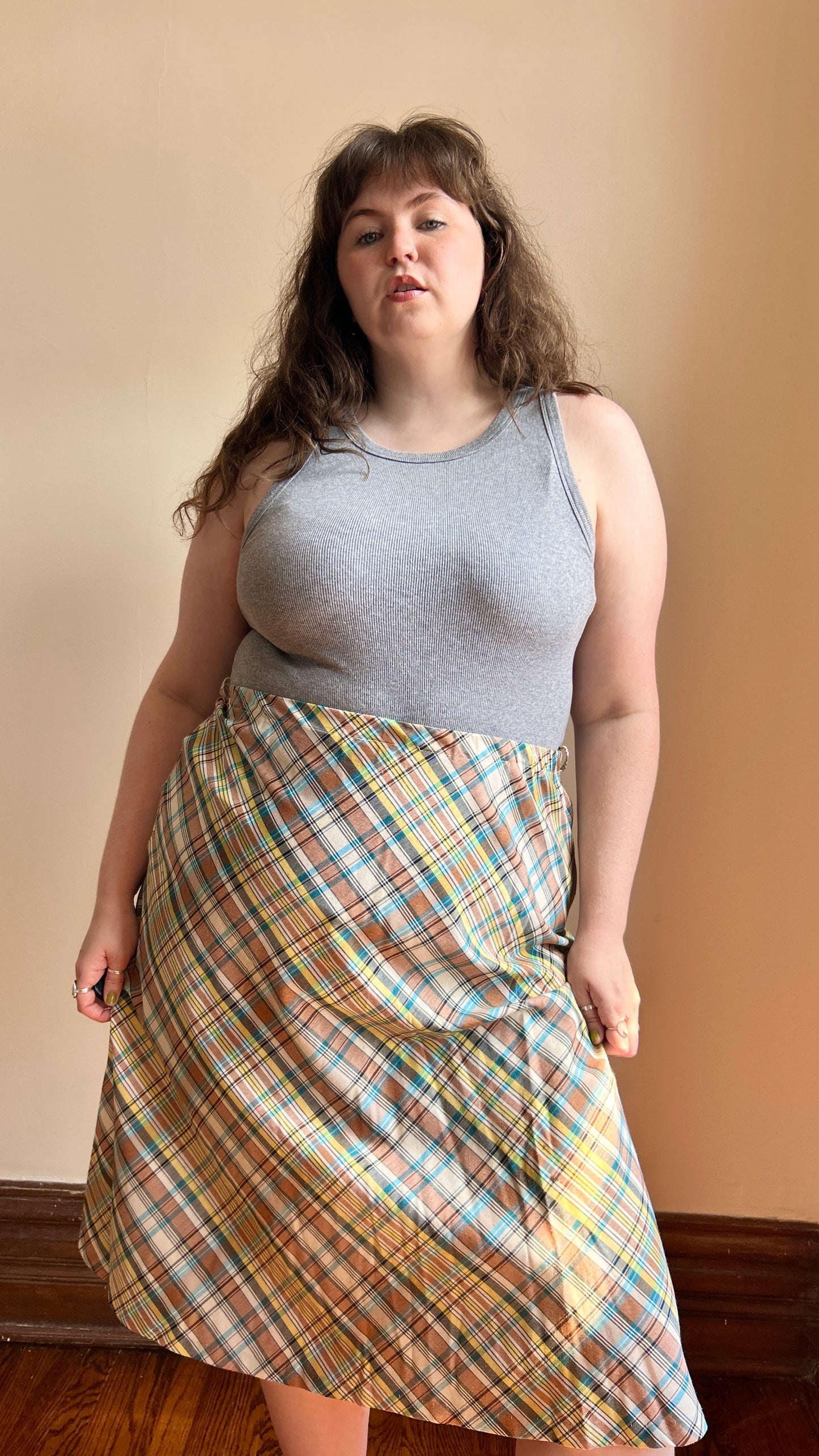 1970s tan + blue plaid midi skirt, sz. XL/1X