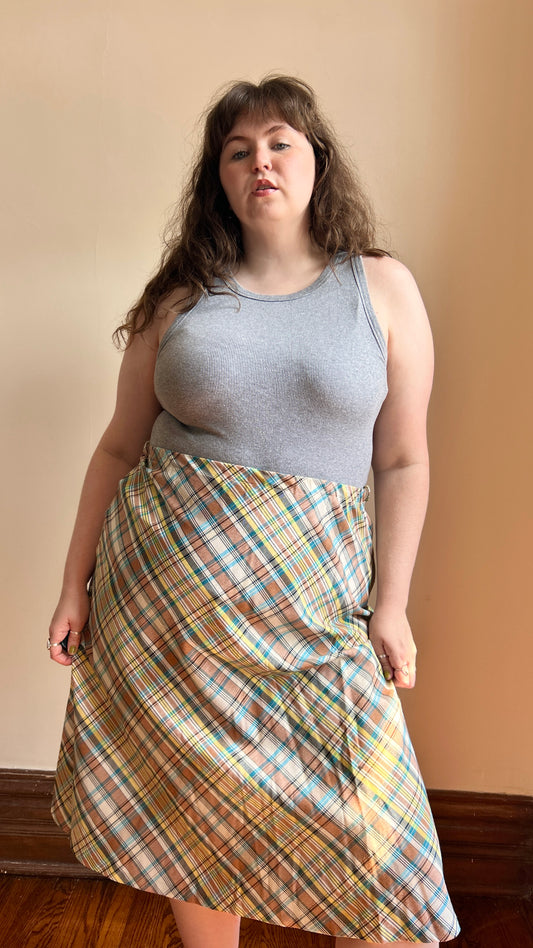 1970s tan + blue plaid midi skirt, sz. XL/1X