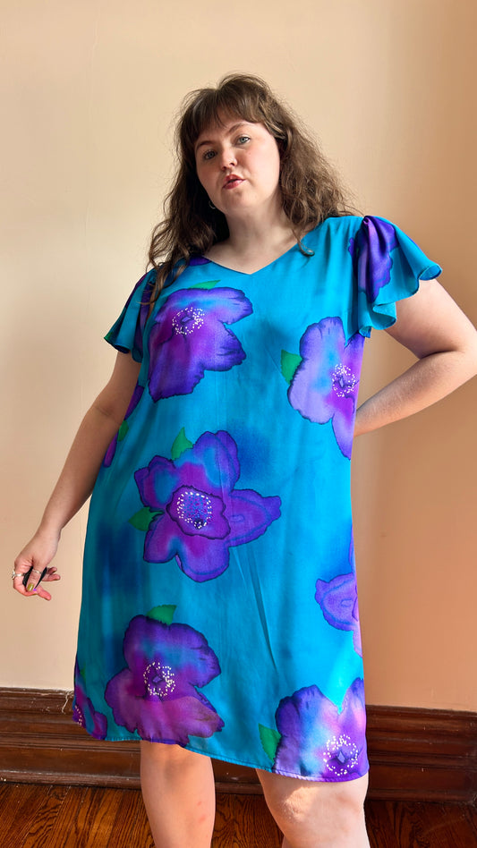1980s teal + purple floral dress, sz. 2X