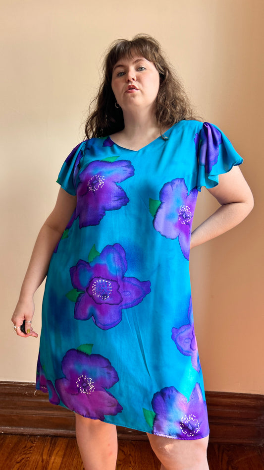 1980s teal + purple floral dress, sz. 2X