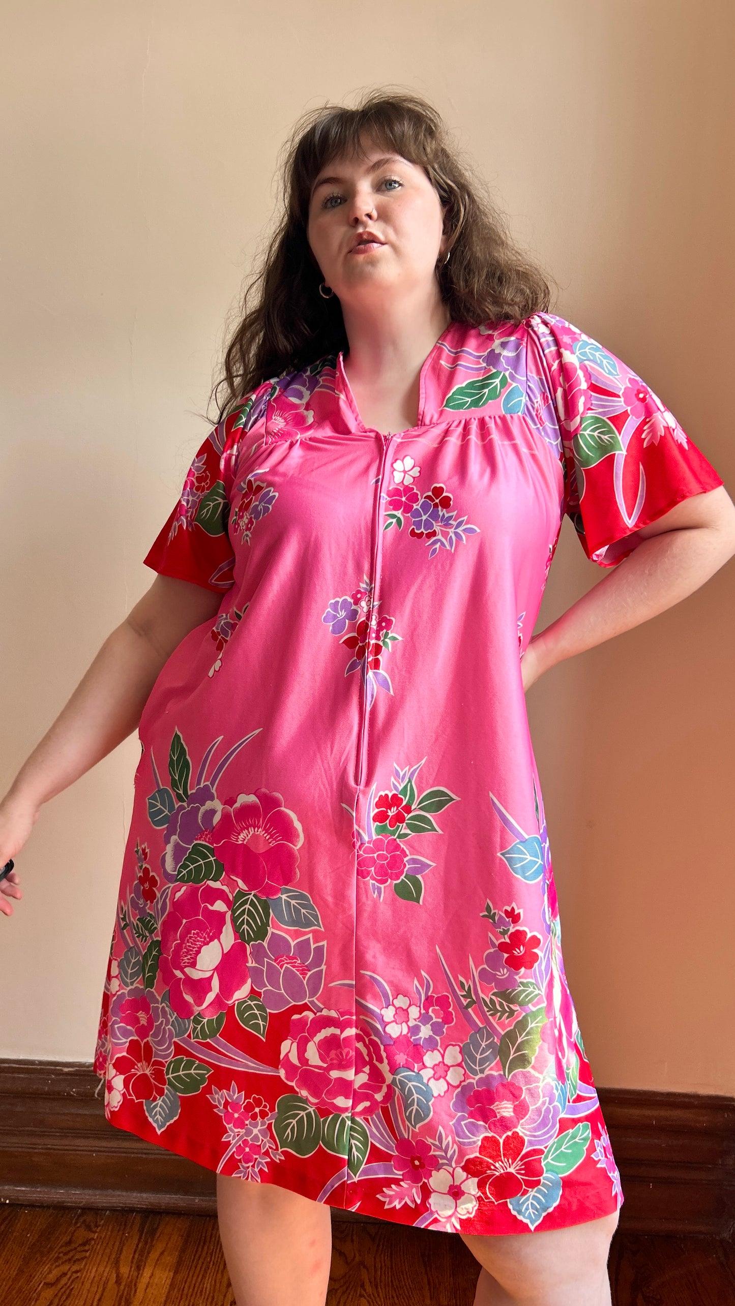1970s pink floral caftan, sz. XL/1X