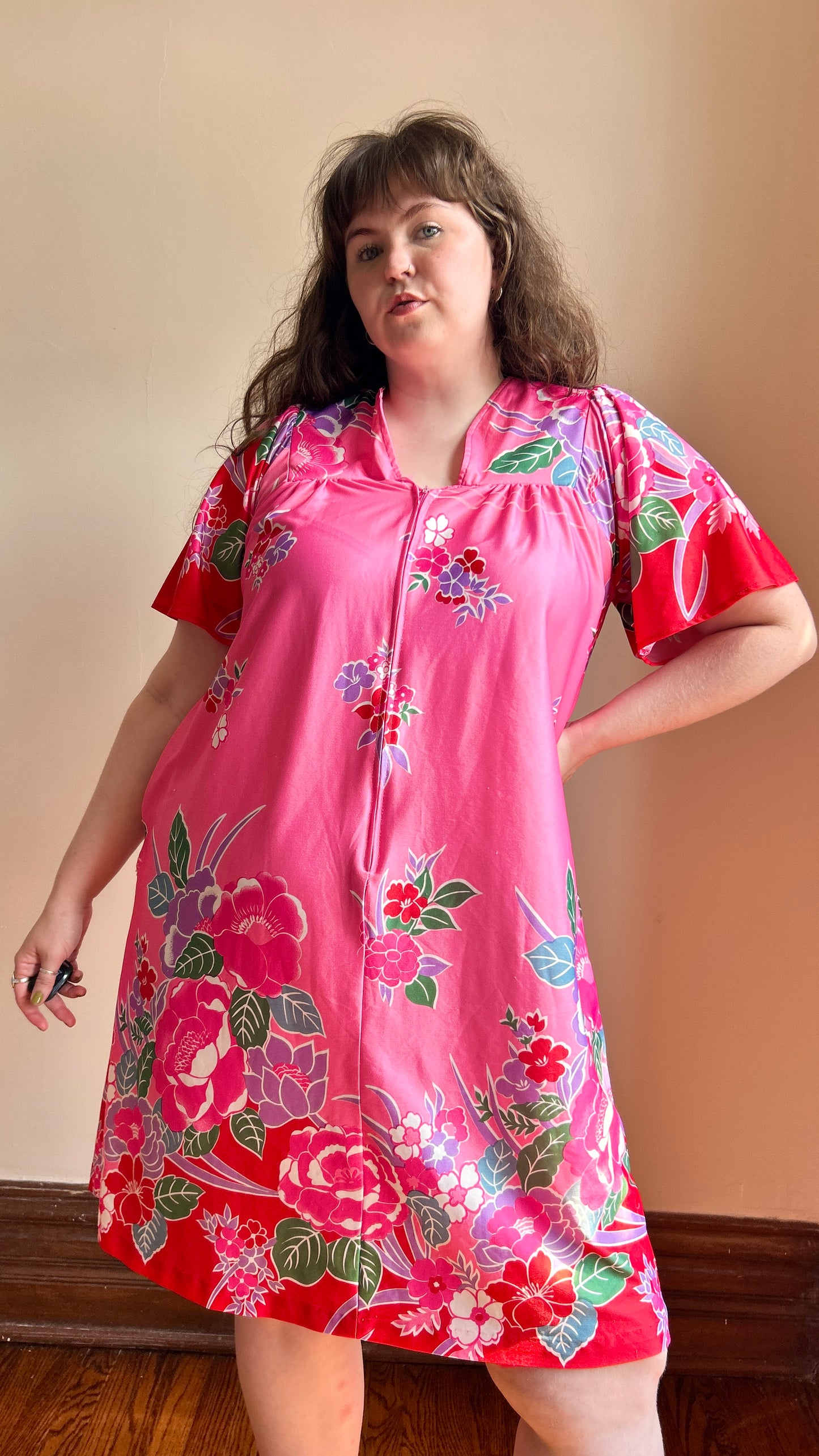1970s pink floral caftan, sz. XL/1X
