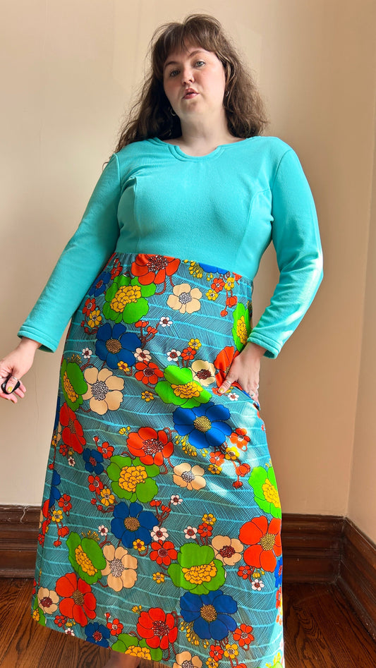 1960s turquoise mod floral maxi dress, sz. XL