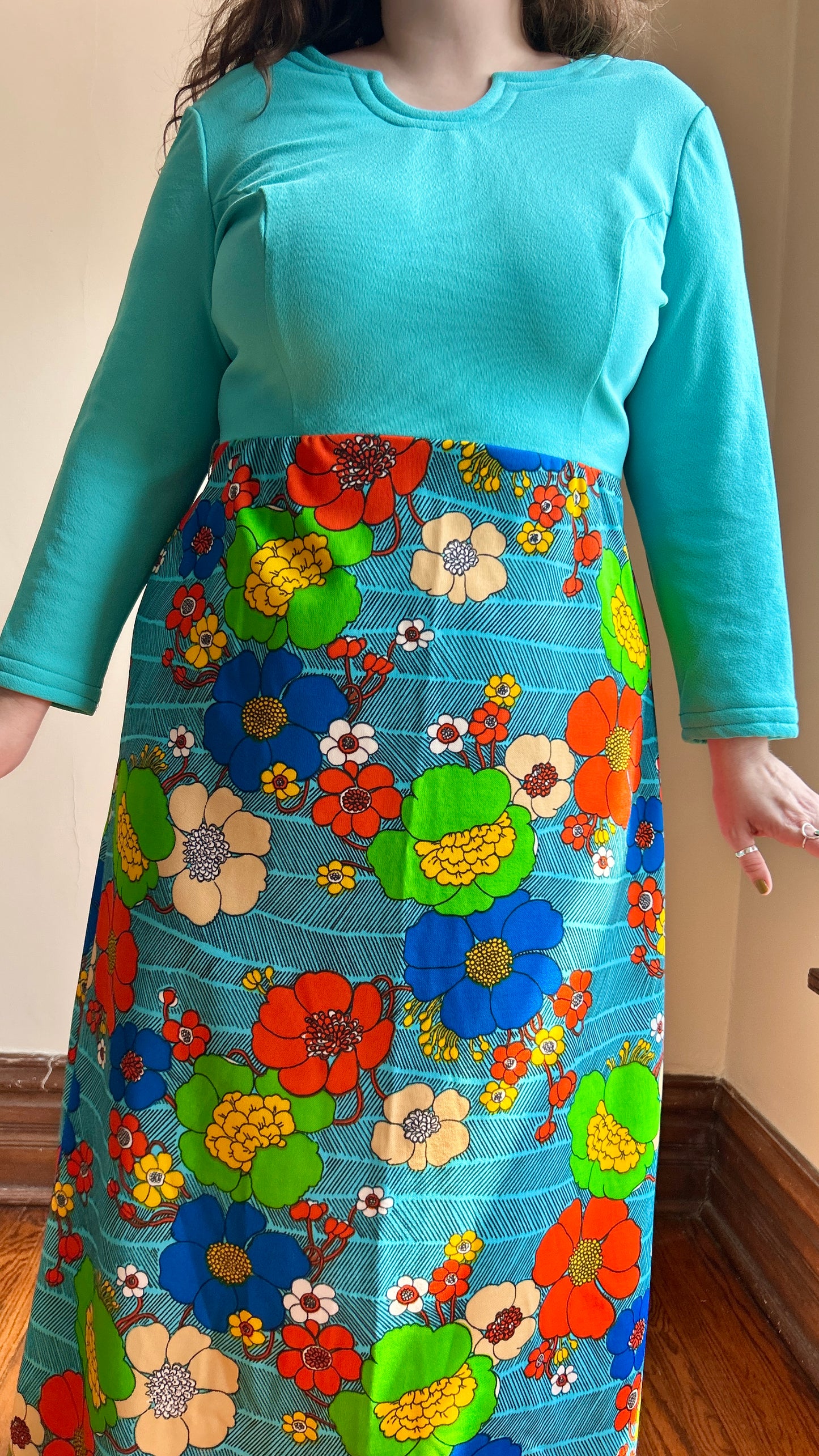 1960s turquoise mod floral maxi dress, sz. XL