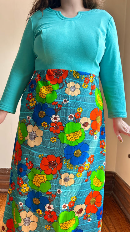 1960s turquoise mod floral maxi dress, sz. XL
