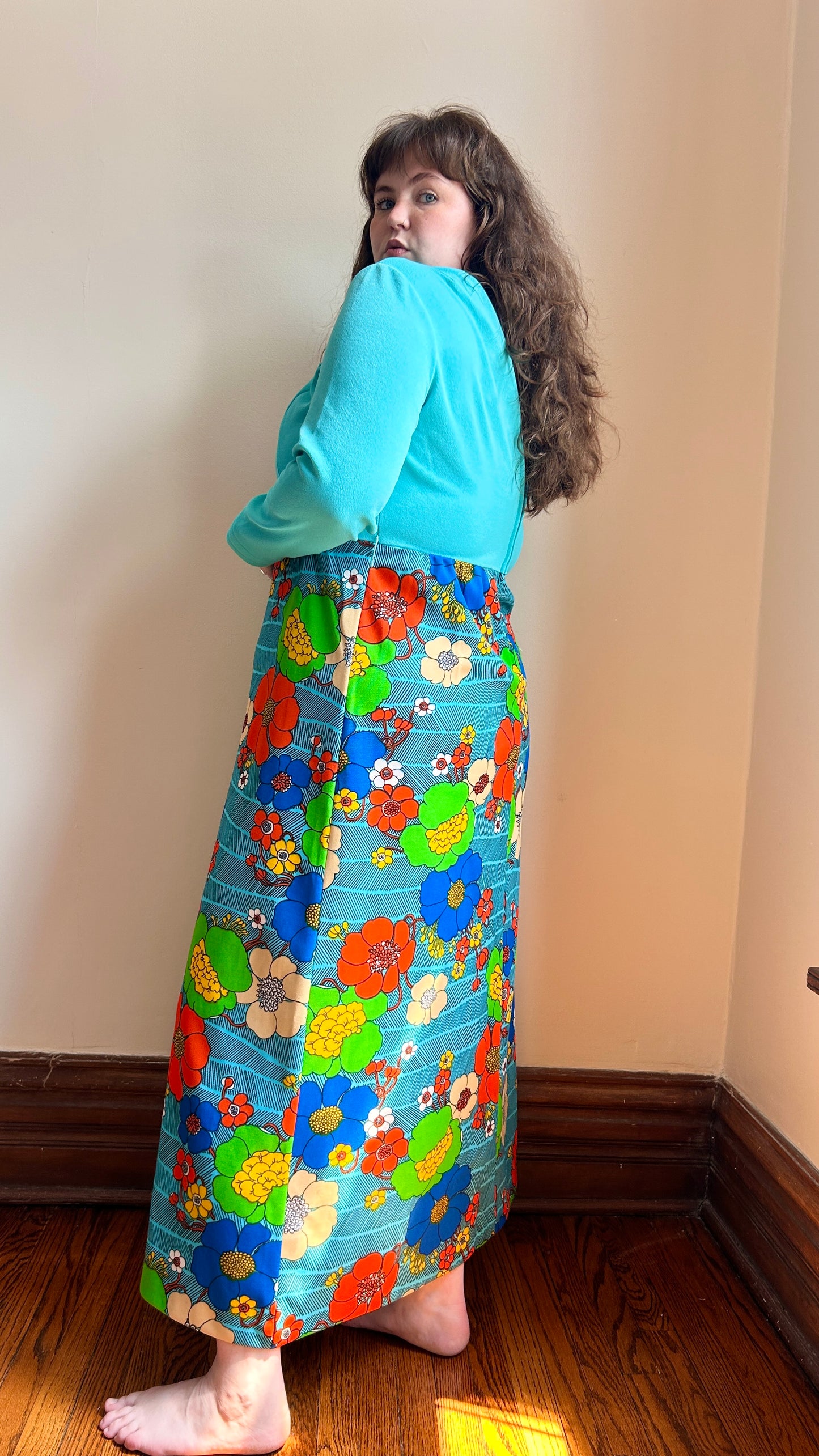 1960s turquoise mod floral maxi dress, sz. XL
