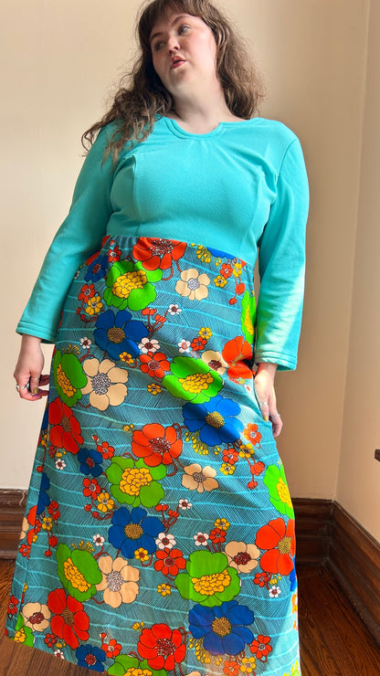 1960s turquoise mod floral maxi dress, sz. XL