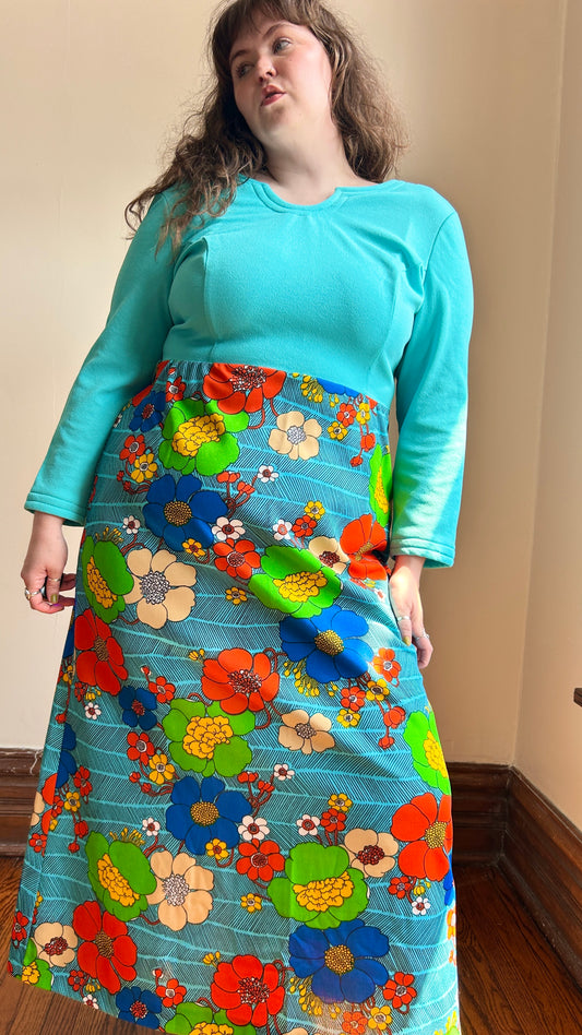 1960s turquoise mod floral maxi dress, sz. XL