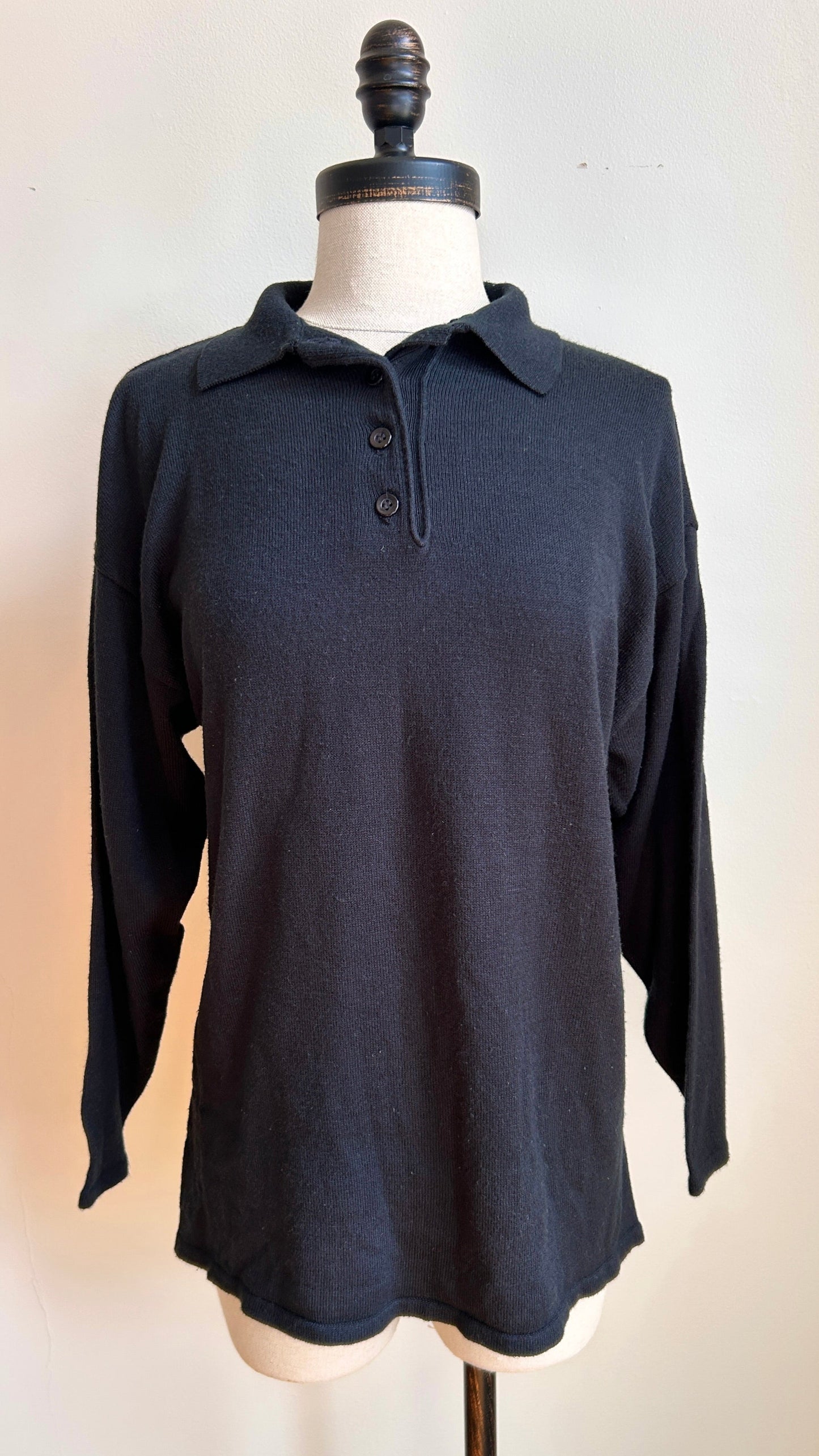 1990s black knit polo top, sz. large