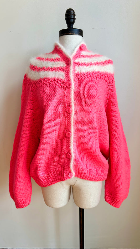 1980s pink + white fuzzy knit cardigan, sz. 1X