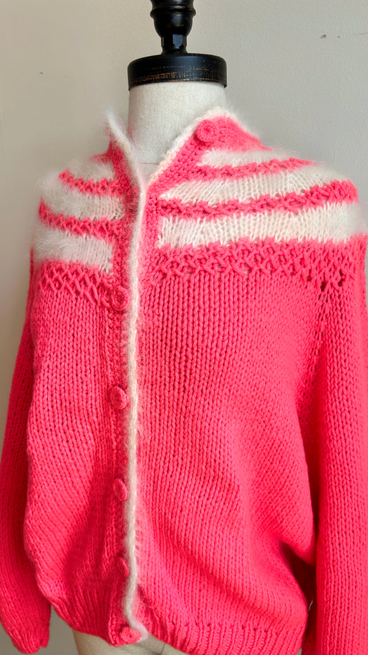 1980s pink + white fuzzy knit cardigan, sz. 1X