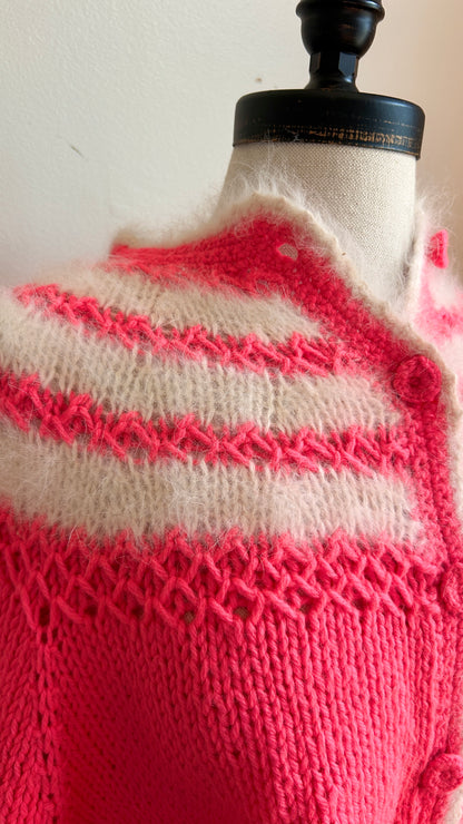 1980s pink + white fuzzy knit cardigan, sz. 1X