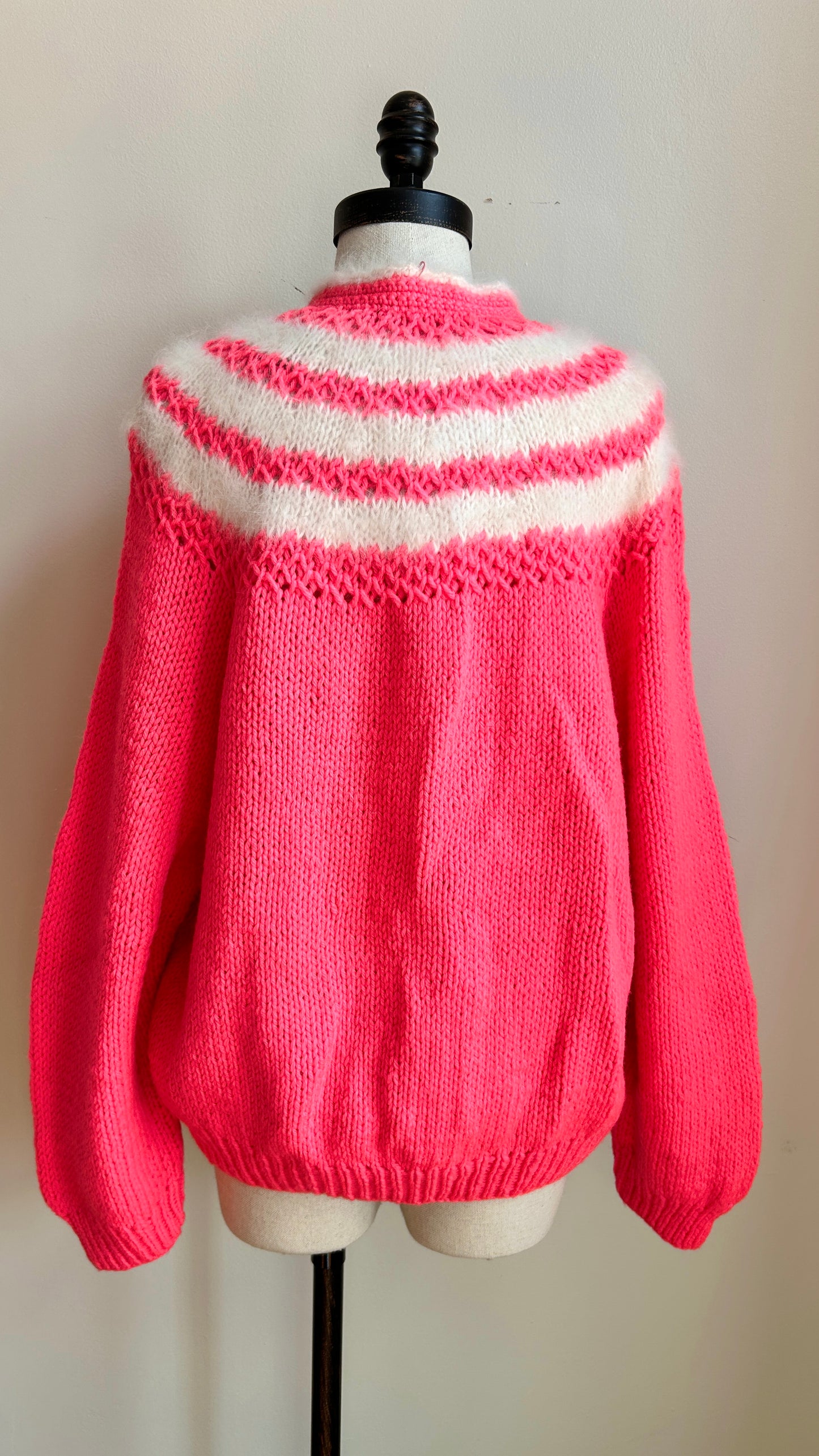 1980s pink + white fuzzy knit cardigan, sz. 1X