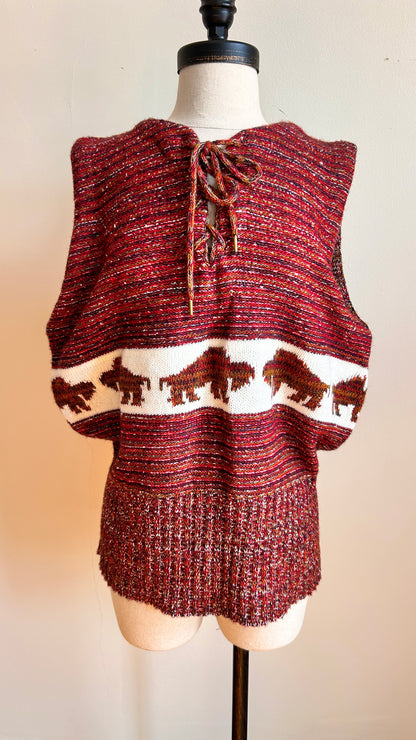 1970s red bison pattern sweater vest, sz. large