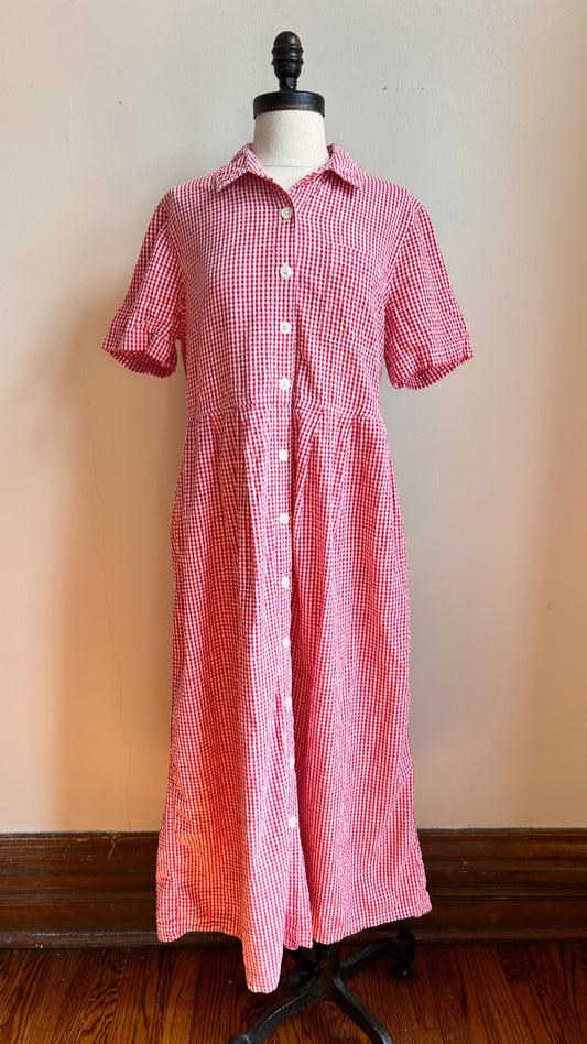 1990s red + white gingham dress, sz. large