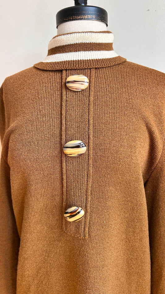 1970s brown + cream sweater dress, sz. medium/large