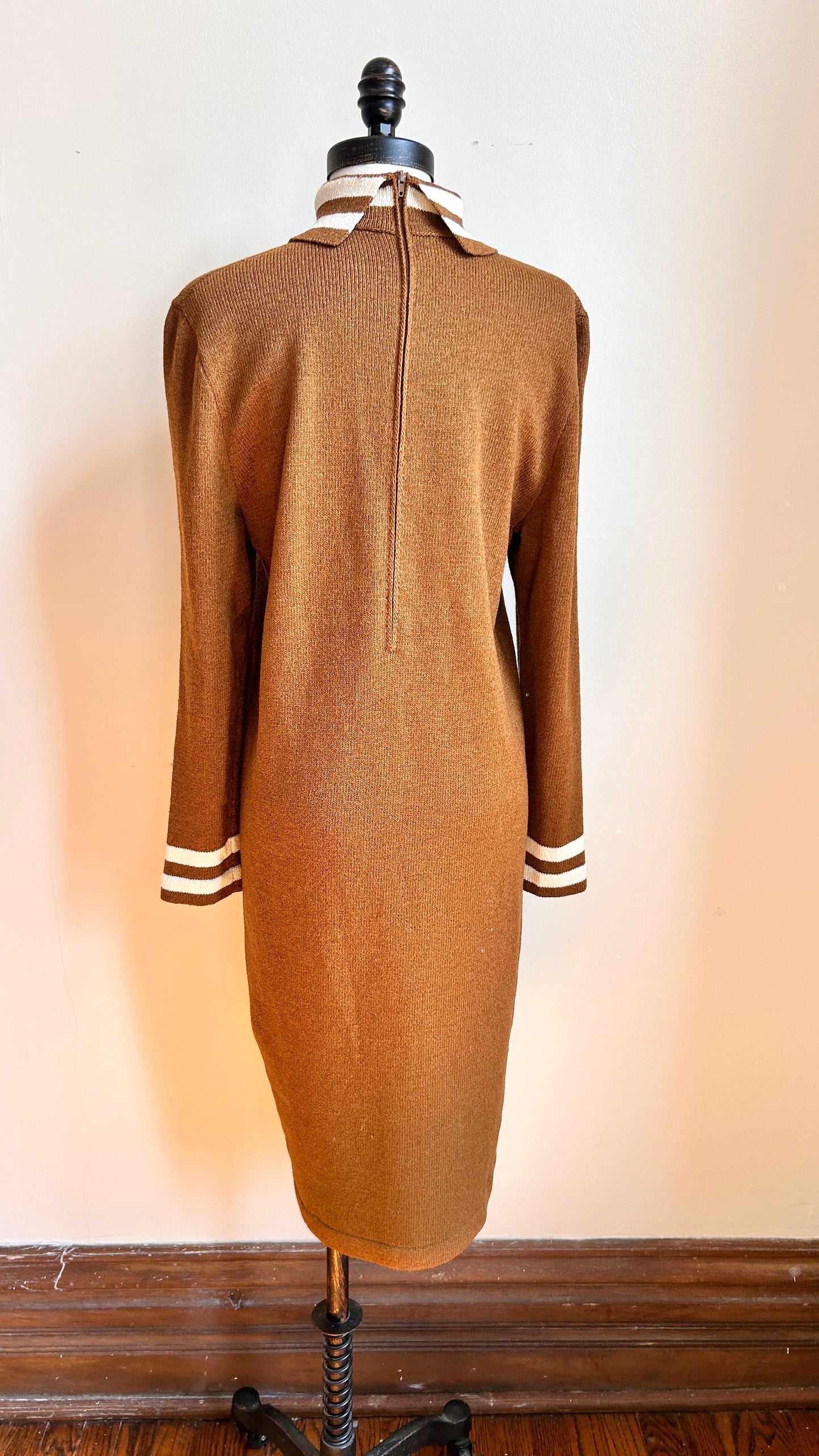 1970s brown + cream sweater dress, sz. medium/large