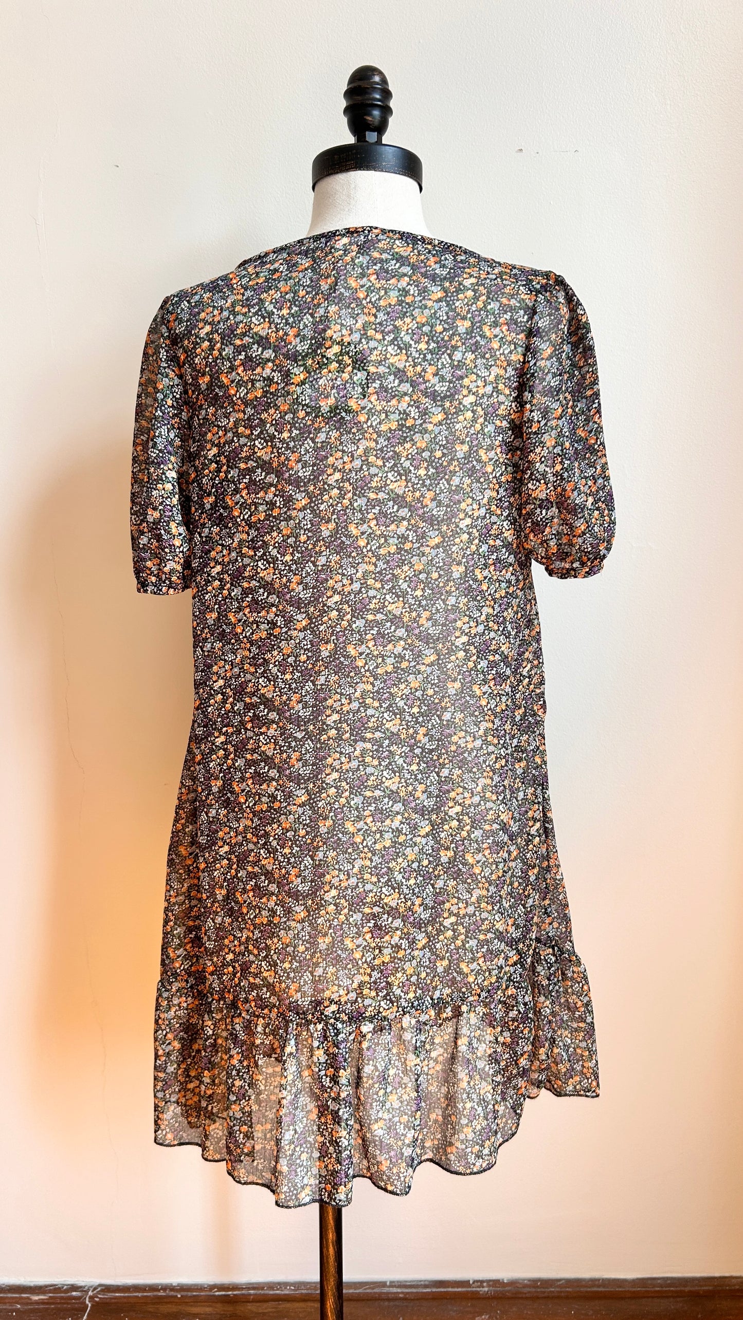 2000s black sheer floral mini dress, sz. small
