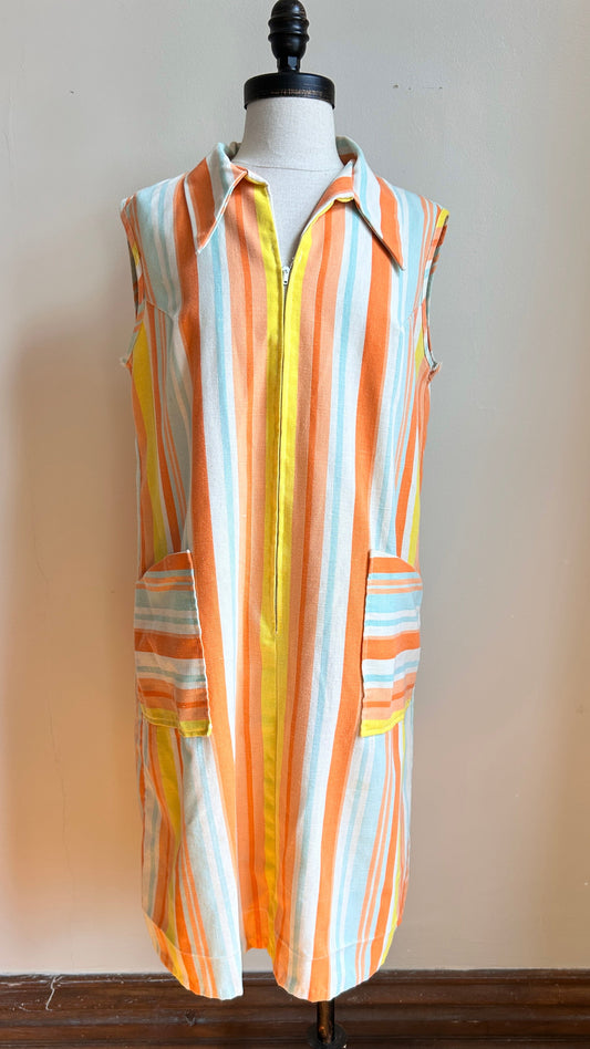 1970s cream + orange striped shift dress, sz.