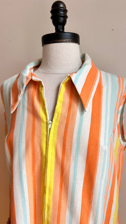 1970s cream + orange striped shift dress, sz.
