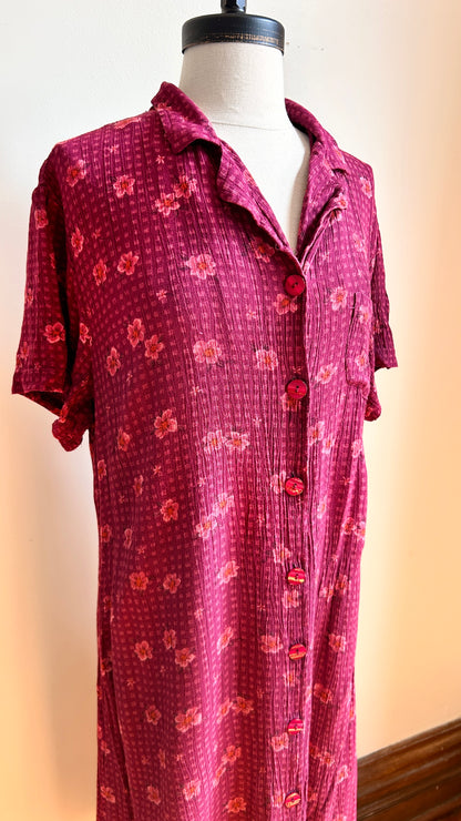 1990s maroon floral maxi dress, sz. large