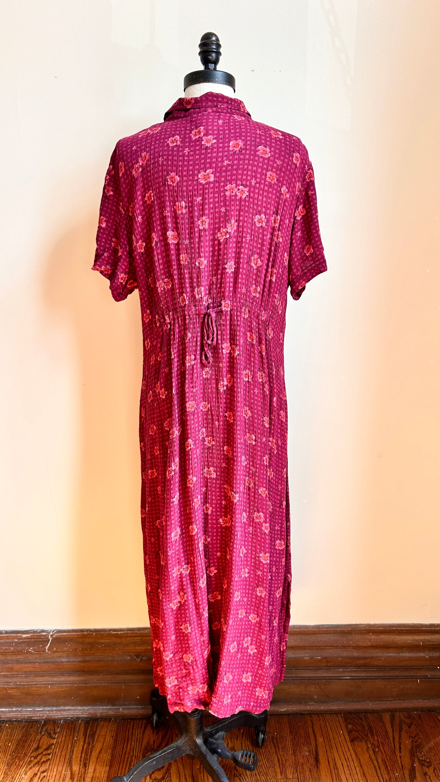 1990s maroon floral maxi dress, sz. large