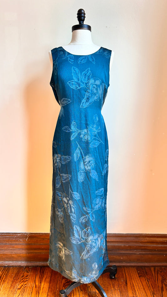 1990s dark teal floral maxi dress, sz. small
