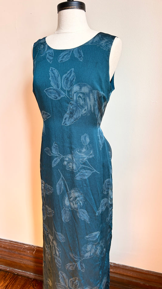 1990s dark teal floral maxi dress, sz. small