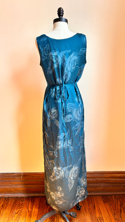 1990s dark teal floral maxi dress, sz. small