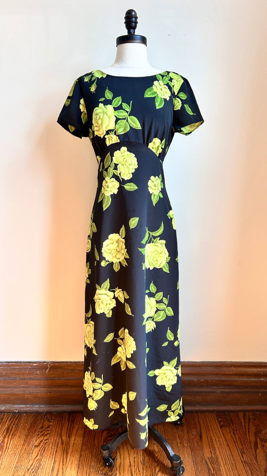 1990s black + lime green floral maxi dress, sz. small