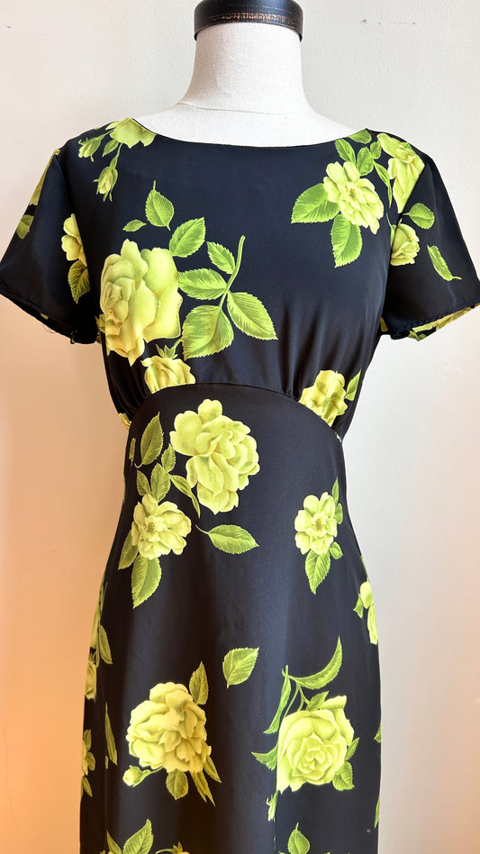 1990s black + lime green floral maxi dress, sz. small