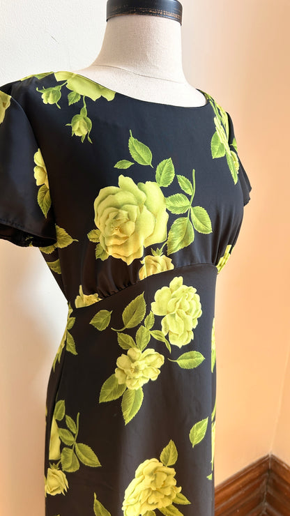 1990s black + lime green floral maxi dress, sz. small