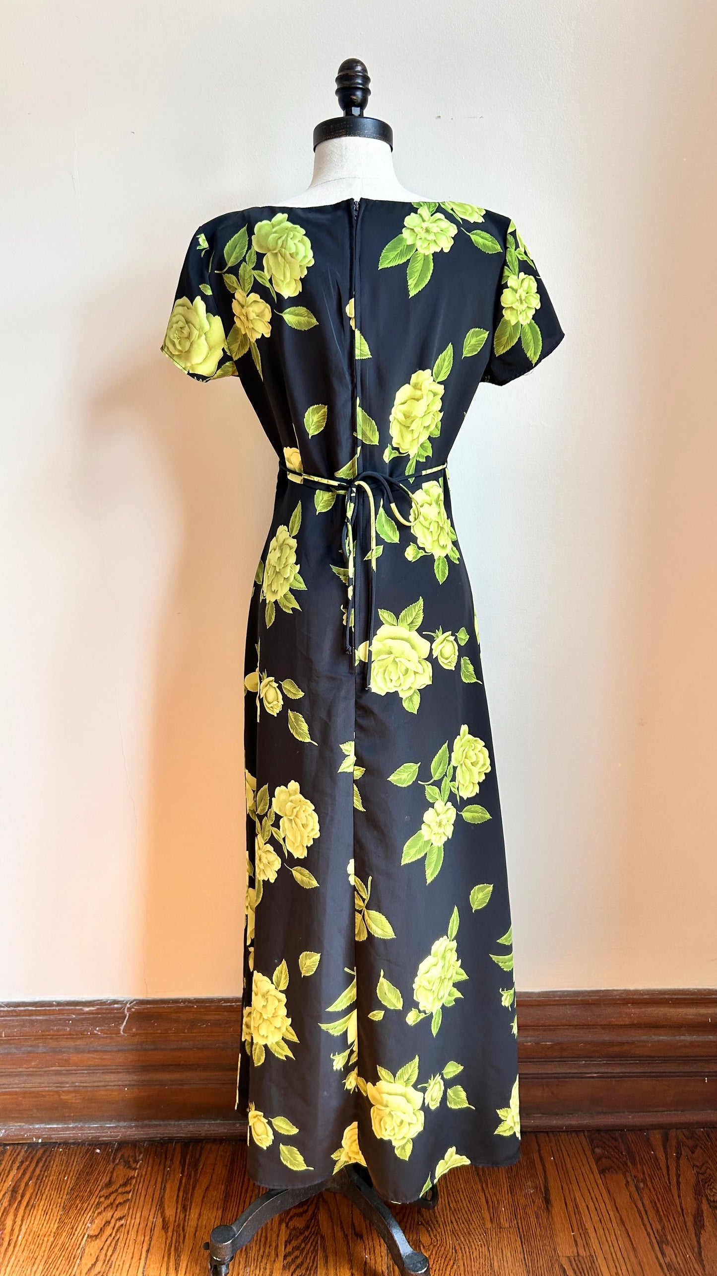1990s black + lime green floral maxi dress, sz. small