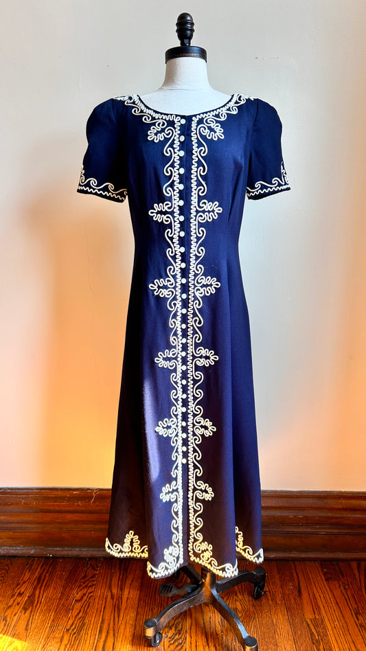 1980s navy + white embellished maxi dress, sz. small