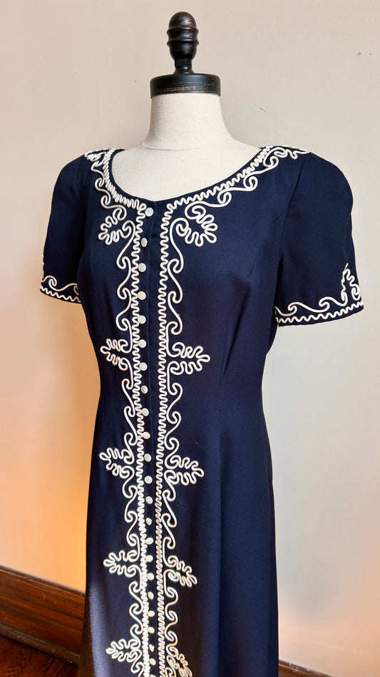 1980s navy + white embellished maxi dress, sz. small