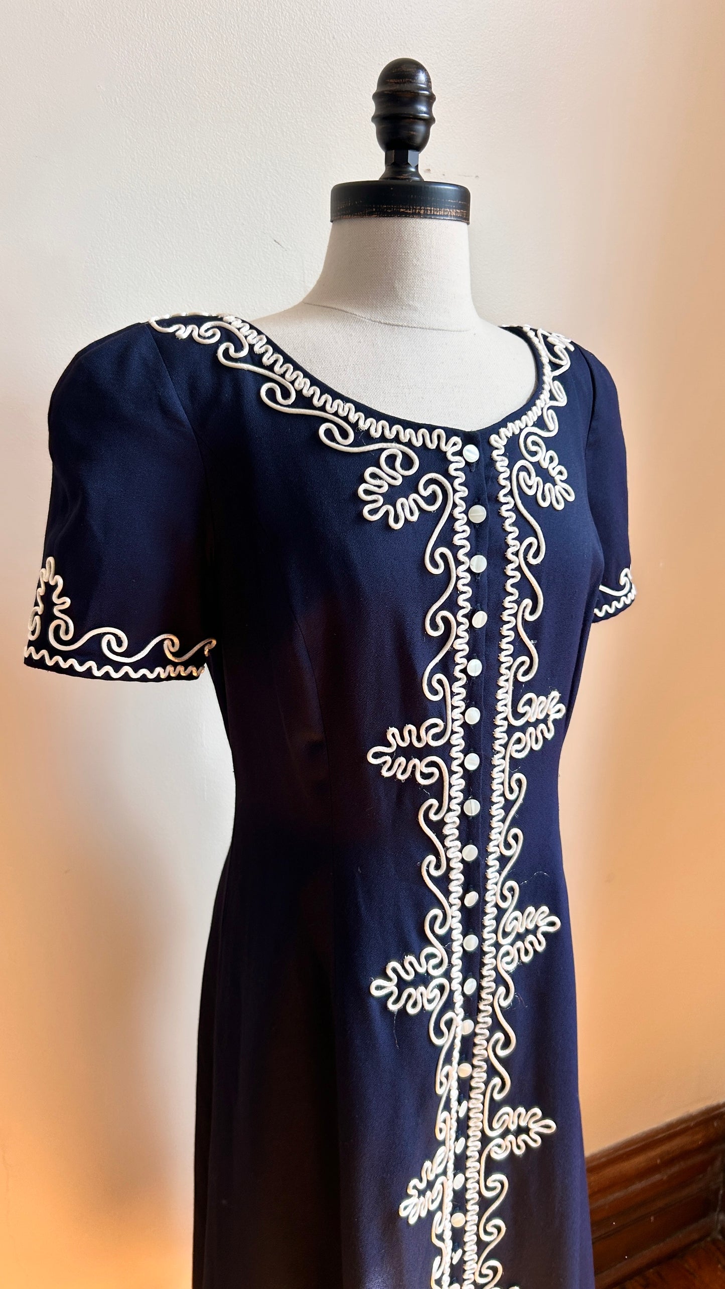 1980s navy + white embellished maxi dress, sz. small