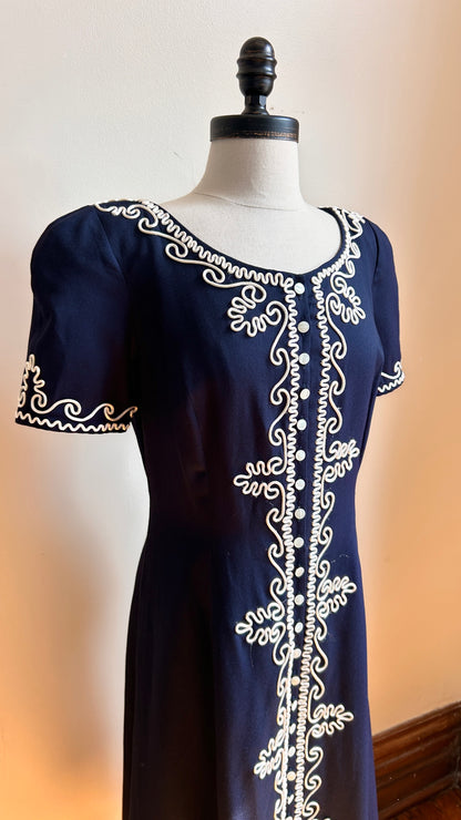1980s navy + white embellished maxi dress, sz. small