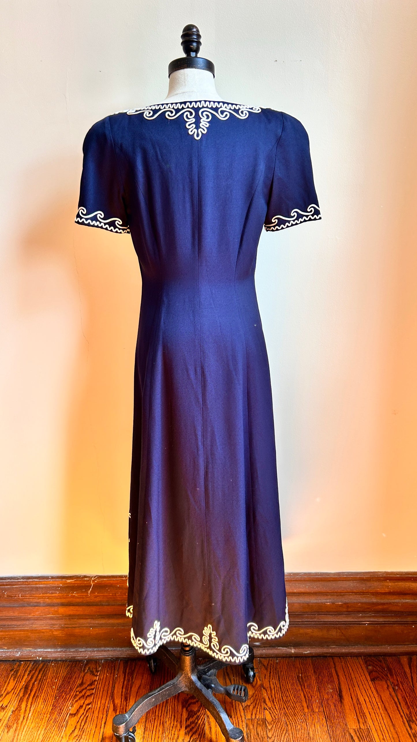 1980s navy + white embellished maxi dress, sz. small