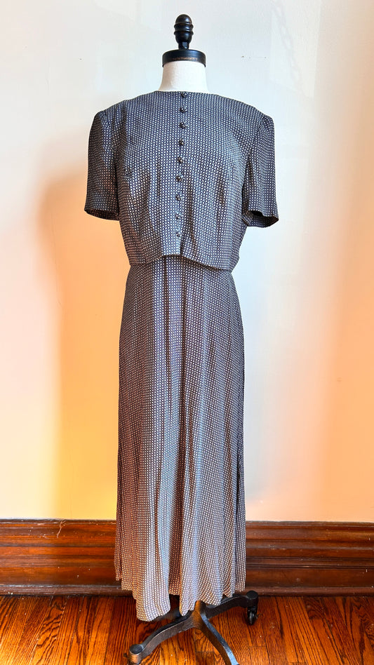 1990s layered black + white patterned maxi dress, sz. small