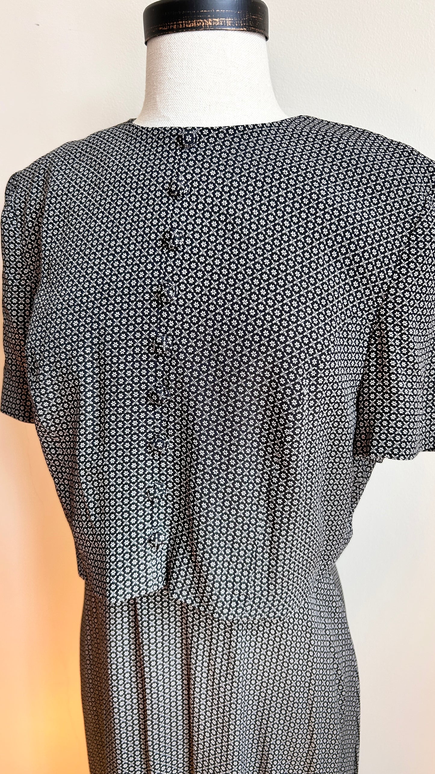 1990s layered black + white patterned maxi dress, sz. small