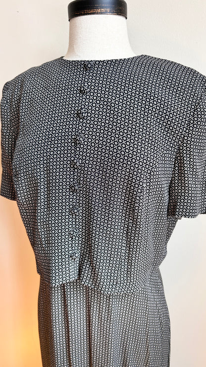 1990s layered black + white patterned maxi dress, sz. small