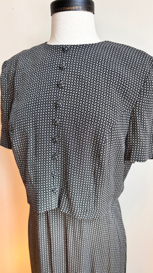 1990s layered black + white patterned maxi dress, sz. small