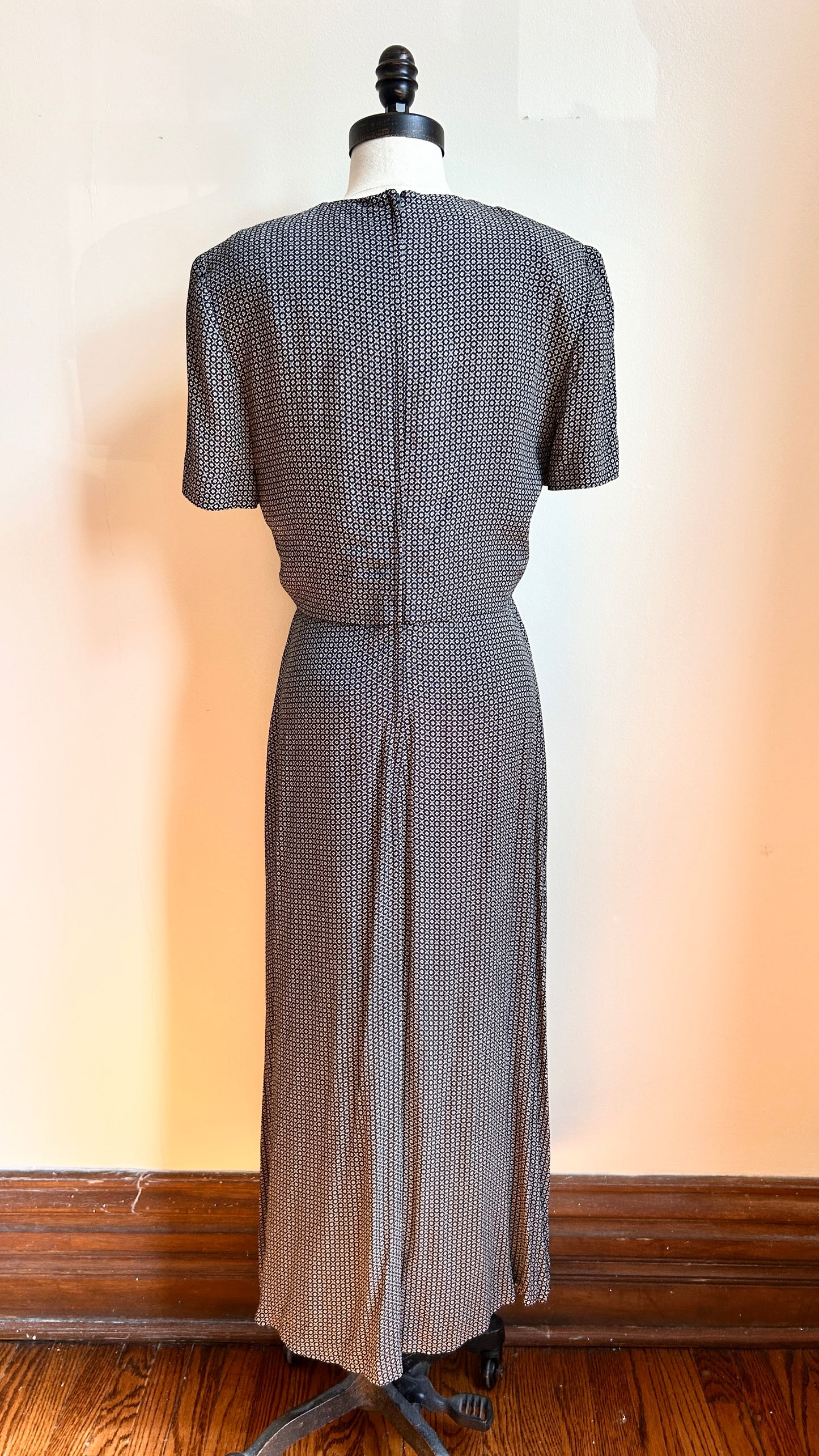 1990s layered black + white patterned maxi dress, sz. small