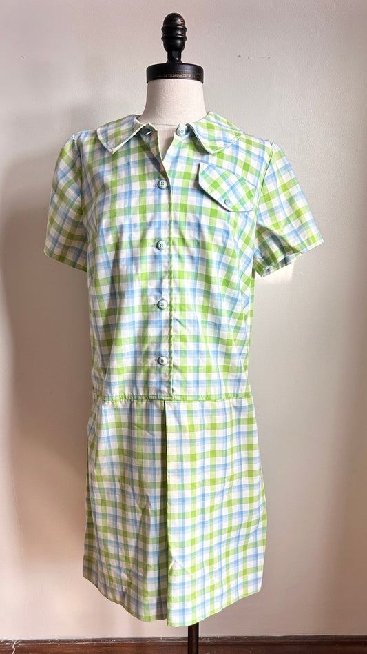 1960s blue + green gingham mini dress, sz. medium